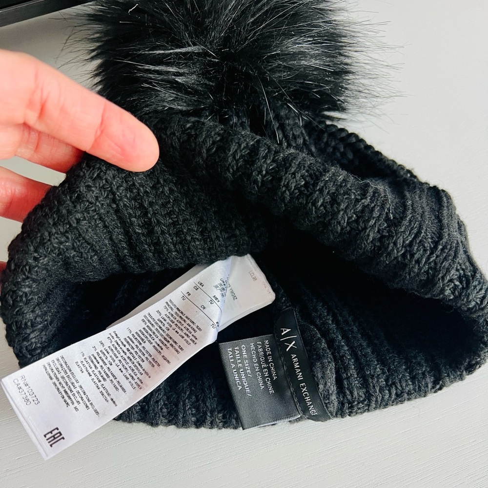 Armani Exchange black pompom topped wool beanie - Picture 6 of 6